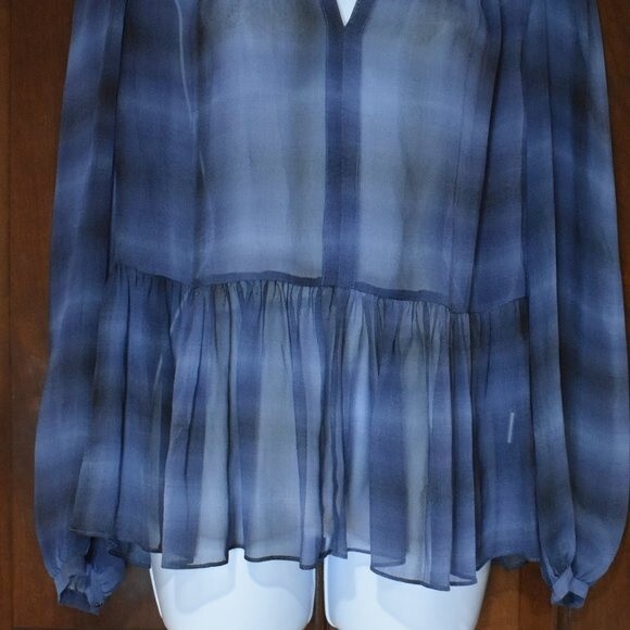 Rebecca Taylor Plaid Silk Blouse Size 4 Long Sleeve Sheer V-neck New - Picture 6 of 15